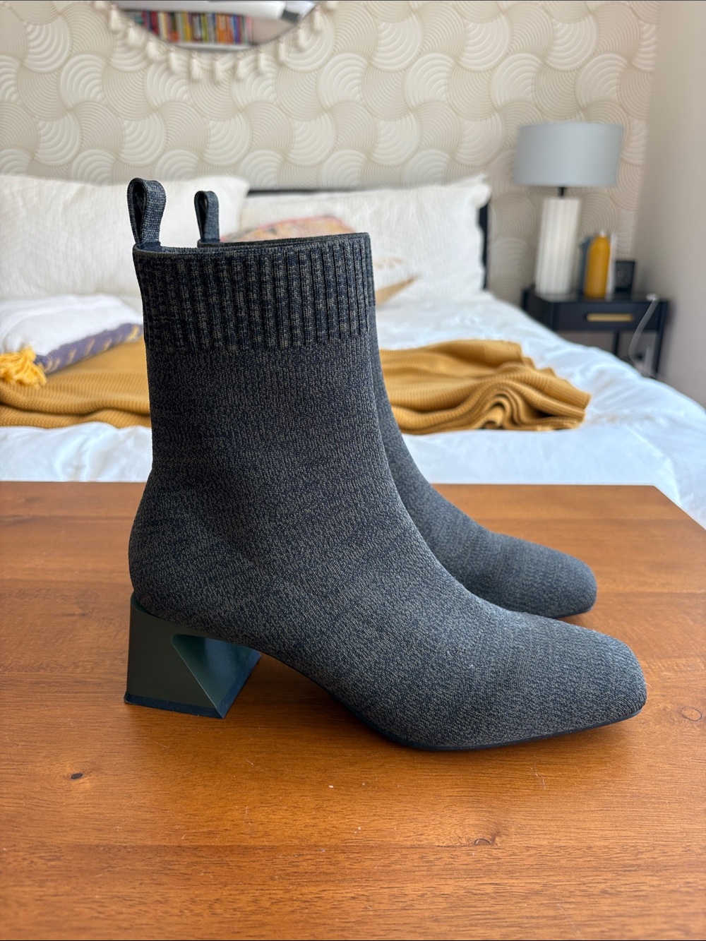 Women's Forest Green Knit Ankle Sock Booties with Modern Block Heel